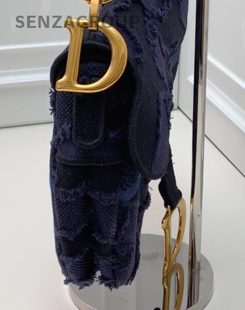 Christian Dior Embroidered Canvas Camouflage Saddle Shoulder Bag Blue Gold Women