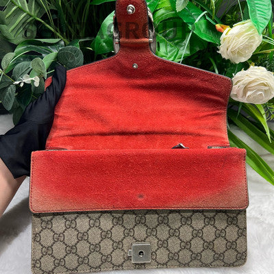 Gucci Dionysus GG Supreme Medium Shoulder Bag Beige Red Silver