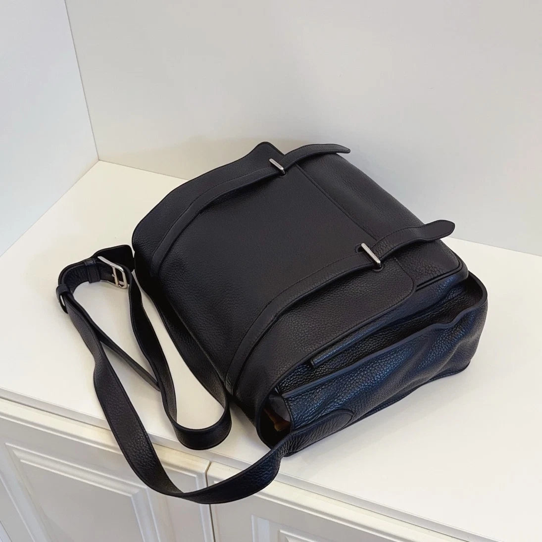 Hermes Steve Messenger Bag Shoulder Crossbody Black Silver Unisex Adults