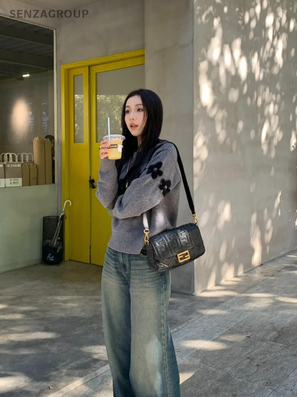 FENDI Baguette MM Monogram 2WAY Shoulder Handbag Black Gold Women