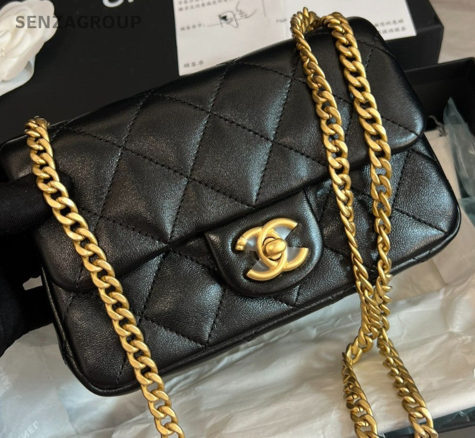 Chanel Classic Flap Lambskin Mini Chain Shoulder Bag Black Gold Women Designer