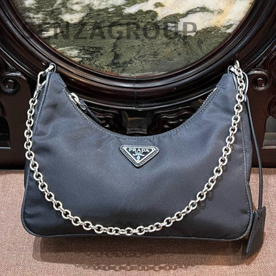 Prada Black Silver Hobo Chain Shoulder Crossbody Bag Women Classic