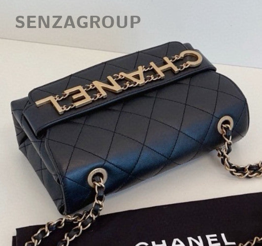 Chanel Diamond PM Chain Shoulder Bag Crossbody Black Gold Women Classic