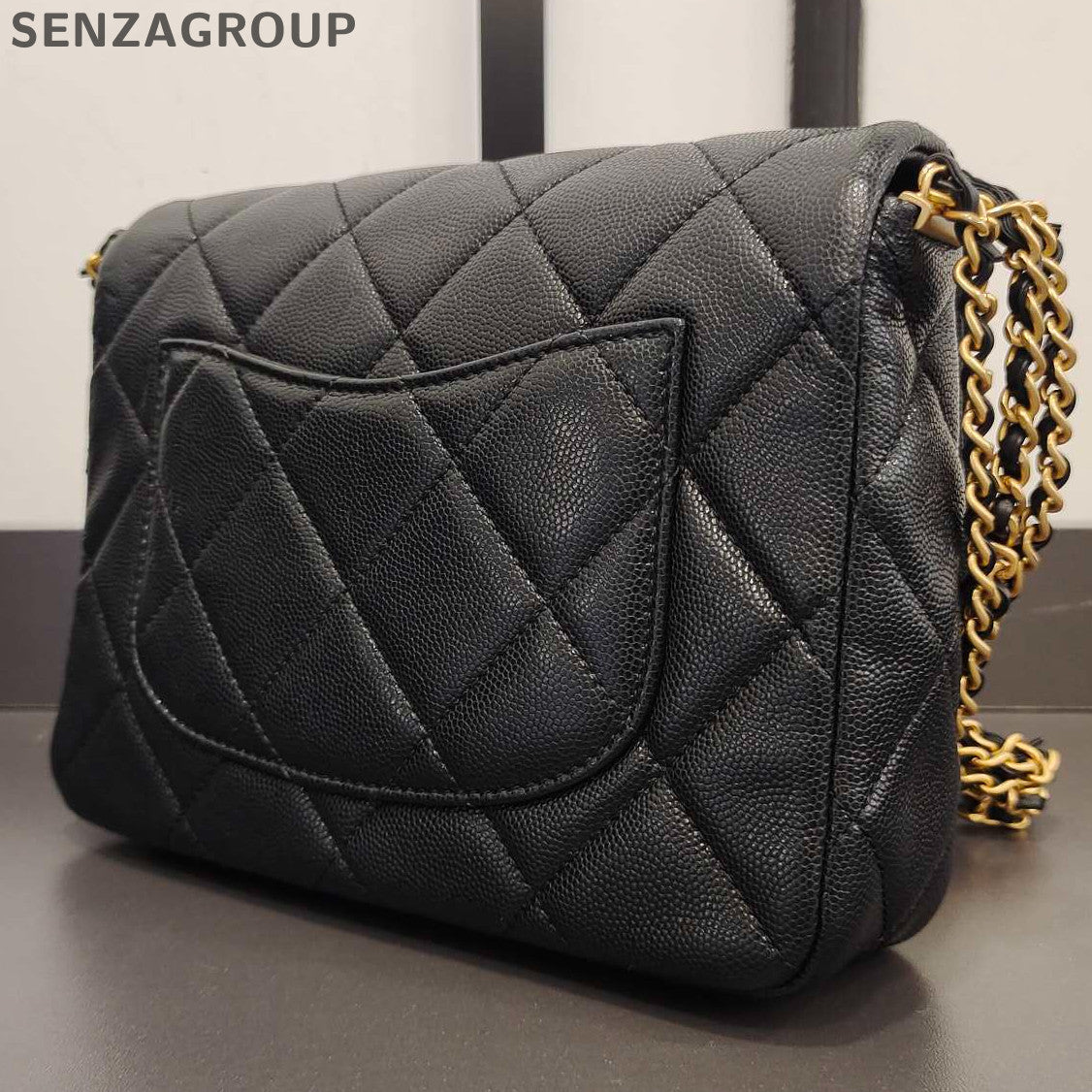 Chanel Classic Flap Square Mini Calfskin Chain Shoulder Bag Black Gold