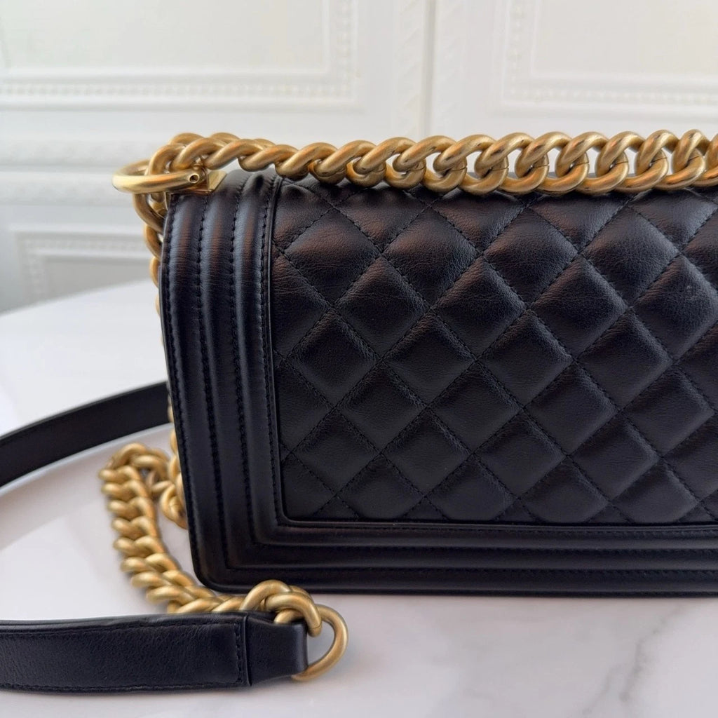 CHANEL LeBoy Small Black Leather Gold Hardware Shoulder Bag Women