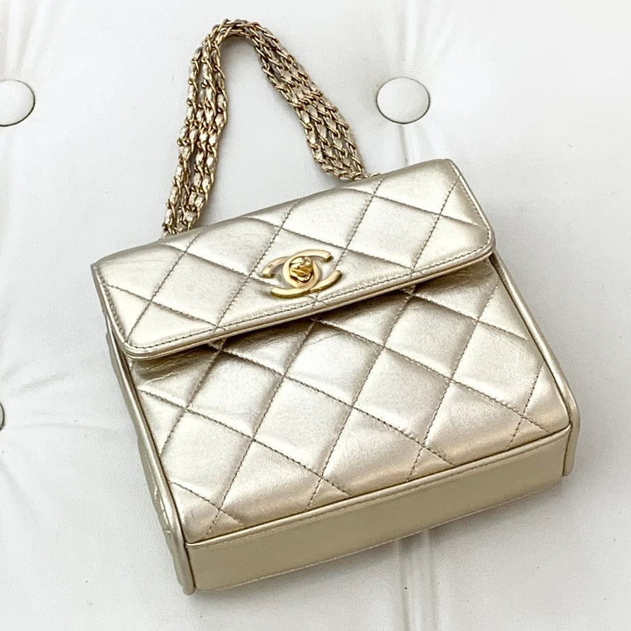 Chanel Lambskin Chain Top Handle Bag Diamond Gold Women Classic S