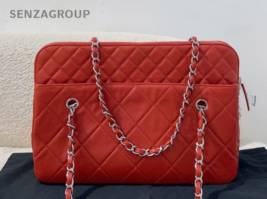 CHANEL Diamond Pattern Chain Shoulder bag Red Silver Women