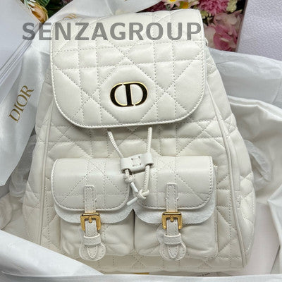 Dior Caro Backpack White Gold Lambskin Cannage Pattern Women's Fashion