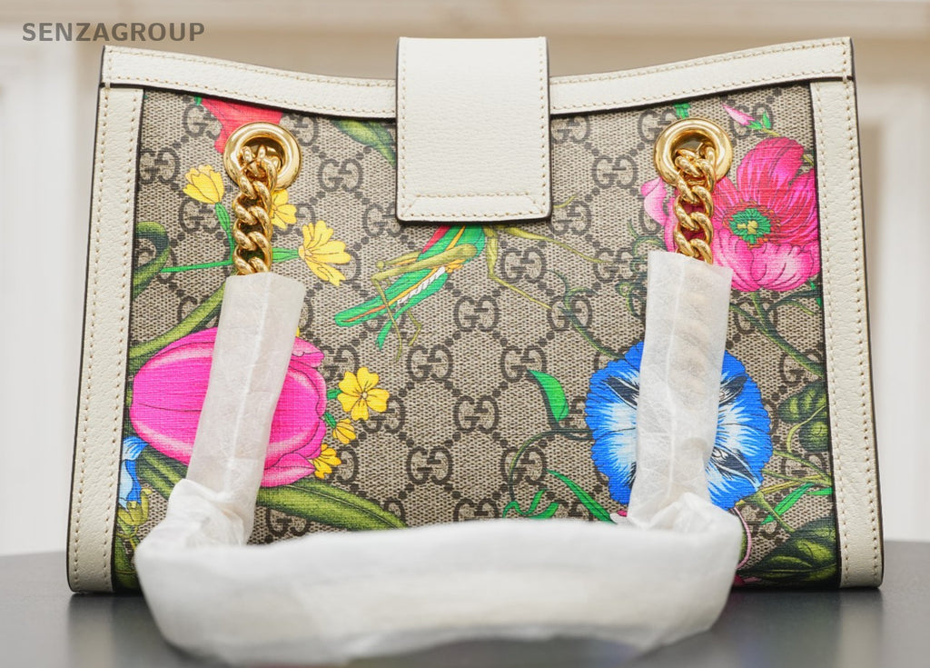 GUCCI Padlock Flowers Chain Shoulder bag White Gold Women