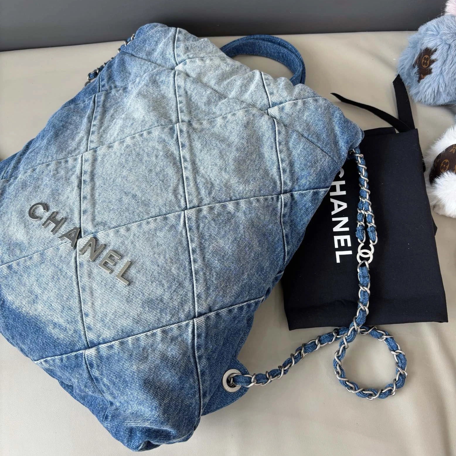 Chanel 22Bag Chain Backpack Blue Silver Diamond Women Classic Fashion