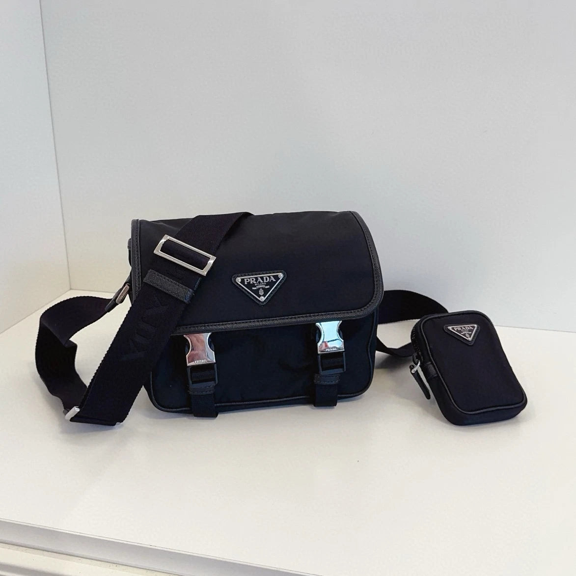 Prada Re-Nylon PM Shoulder Crossbody Black Silver Unisex Adults Classic