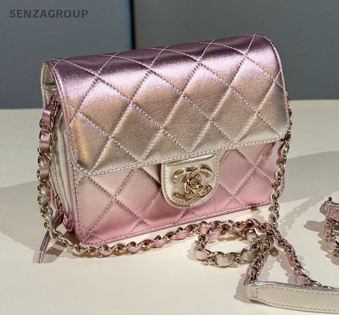 Chanel Classic Flap Mermaid Pink Silver Gradient Chain Shoulder Crossbody Women