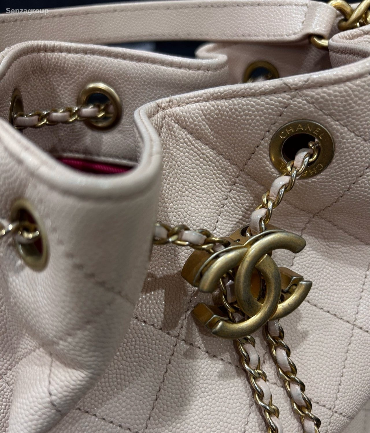 Chanel Diamond Calfskin Bucket Top Handle Chain Crossbody Pink Gold Women