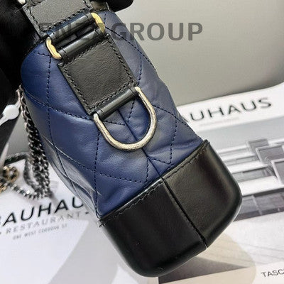 Chanel Small Black Blue Calfskin Chevron Gabrielle Hobo Bag
