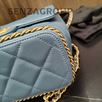 Chanel Blue Gold Camellia Quilted Chain Shoulder Backpack Classic Fashion