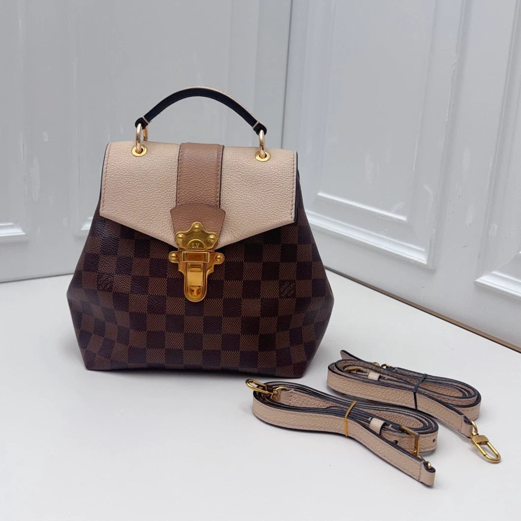 Louis Vuitton Clapton Damier Ebene Backpack Beige Brown Gold Women Classic
