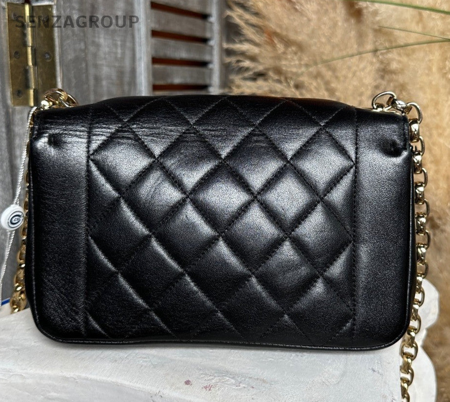 Chanel Diamond Mini Lambskin Chain Shoulder Bag Crossbody Black Gold Women
