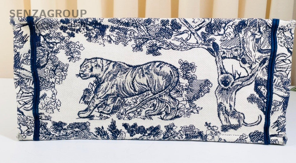 Christian Dior Book Tote Blue Zoo Tote Top Handle Shoulder Bag Women Blue