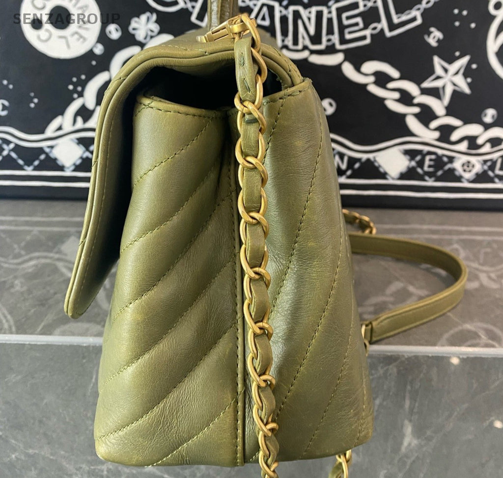 Chanel Cocohandle MM Top Handle Bag Chain Crossbody Green Gold Women Classic