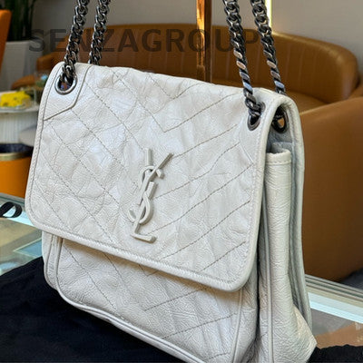 Saint Laurent Niki Medium Leather Chain Shoulder Bag Silver
