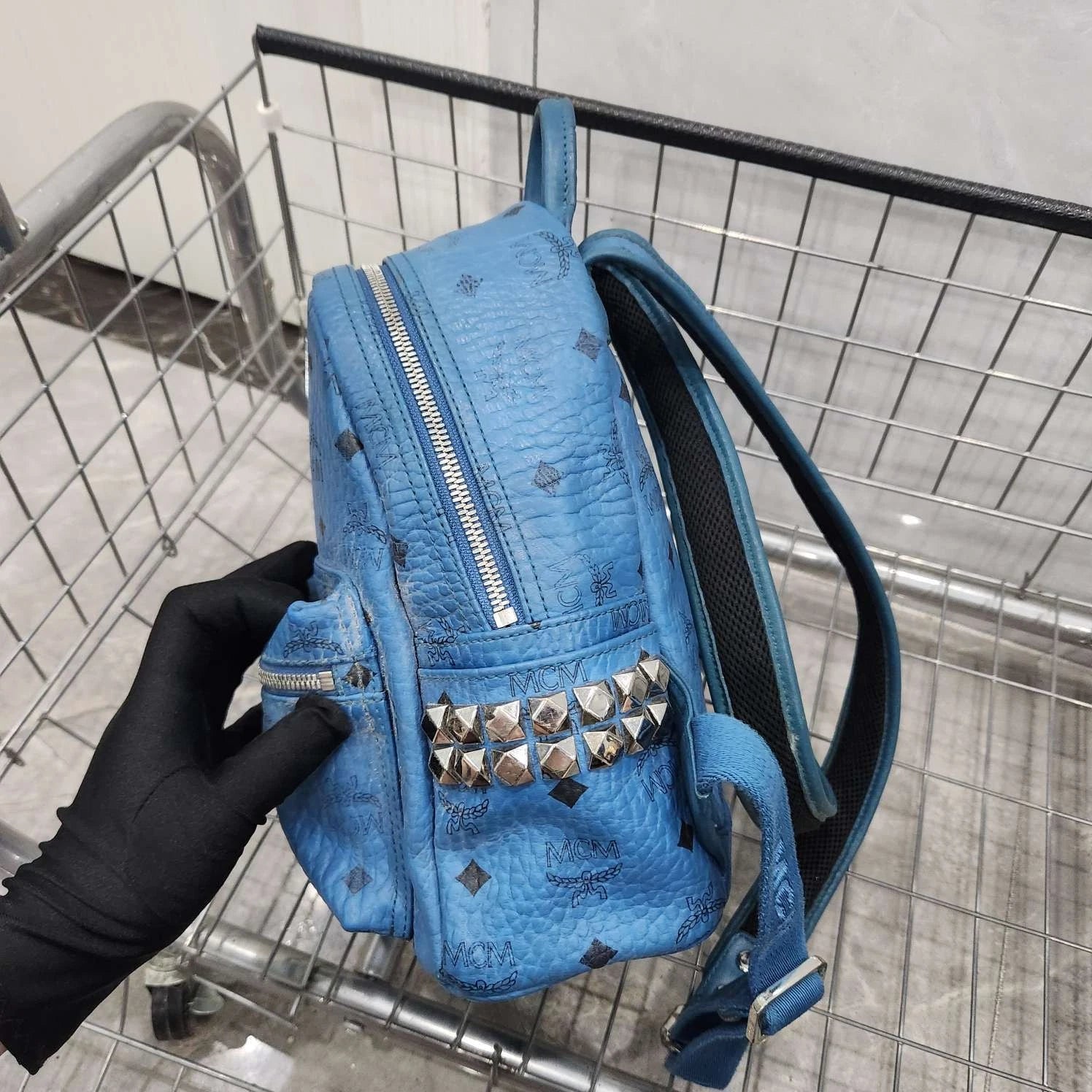 MCM Blue Monogram Rivet Small Backpack For Women
