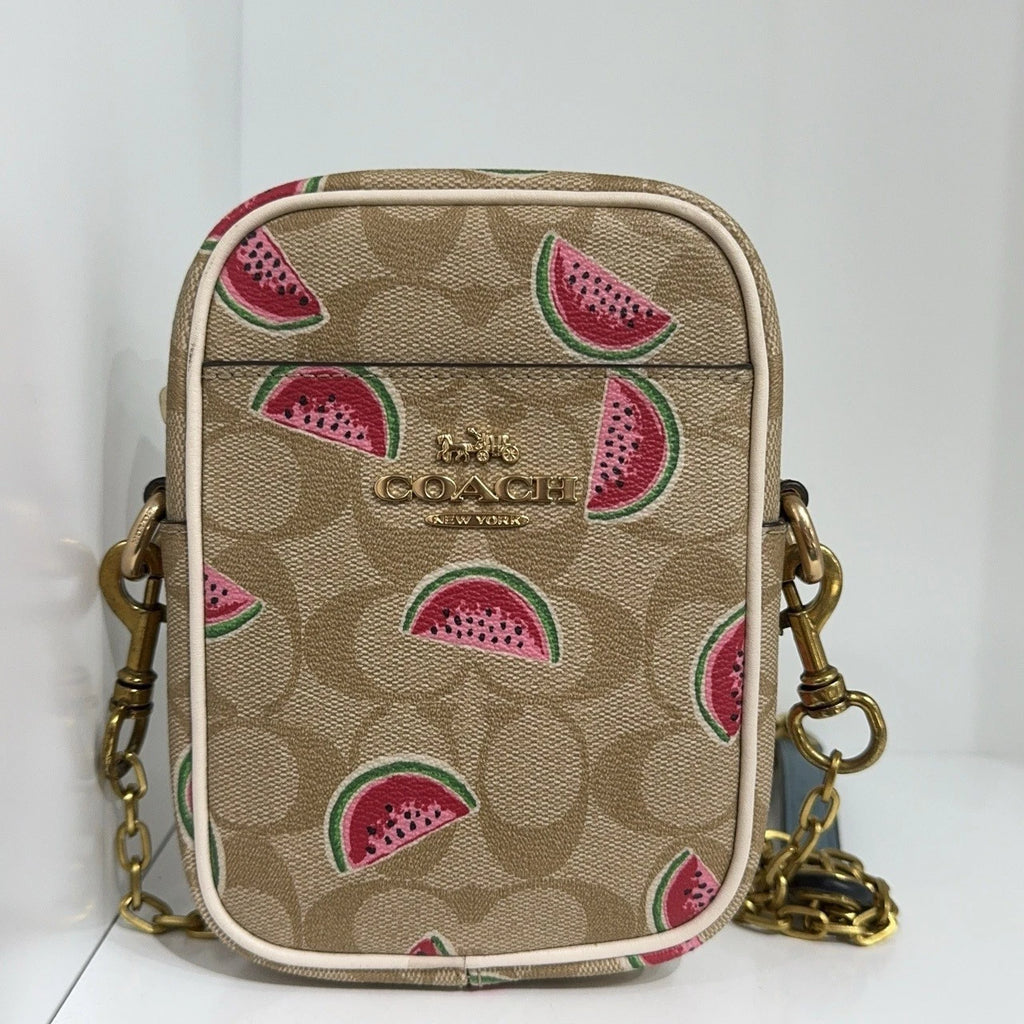 Coach Beige Canvas Monogram Watermelon Print Crossbody Camera Bag Women