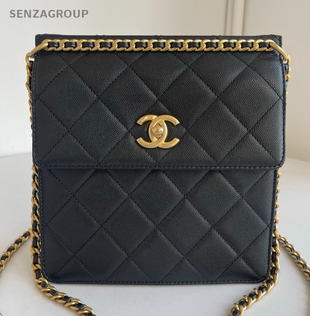 Chanel 23A Diamond Calfskin Chain Backpack Black Gold Women Classic Fashion