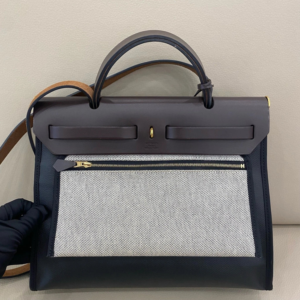 Hermes Herbag31 Women Canvas Tote Handbag Black Brown