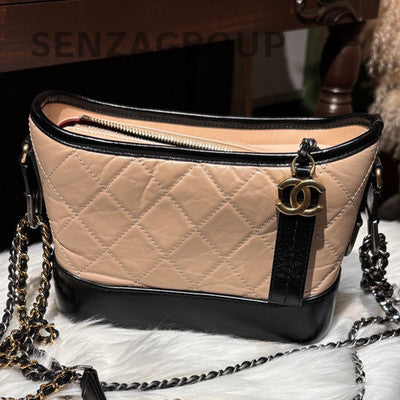 Chanel Beige & Black Small Gabrielle Hobo Bag Quilted Chain Shoulder Bag
