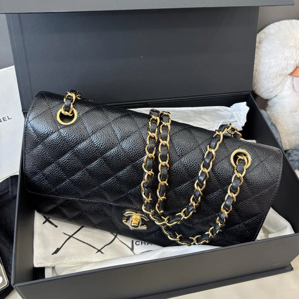 Chanel Classic Flap MM Calfskin Chain Shoulder Crossbody Black Gold Women