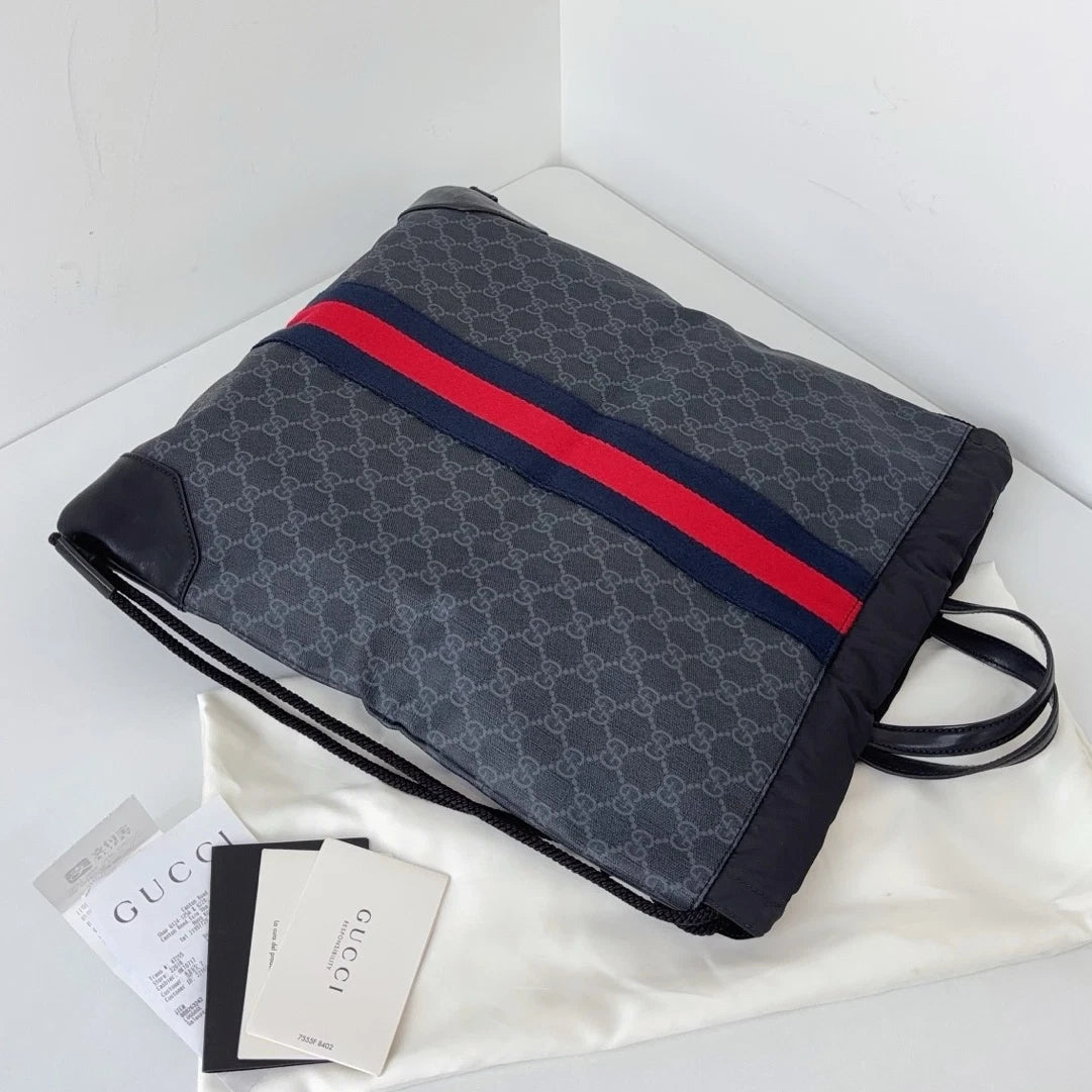 Excellent Gucci Black Monogram Drawstring Satchel Bag Handbag Backpack