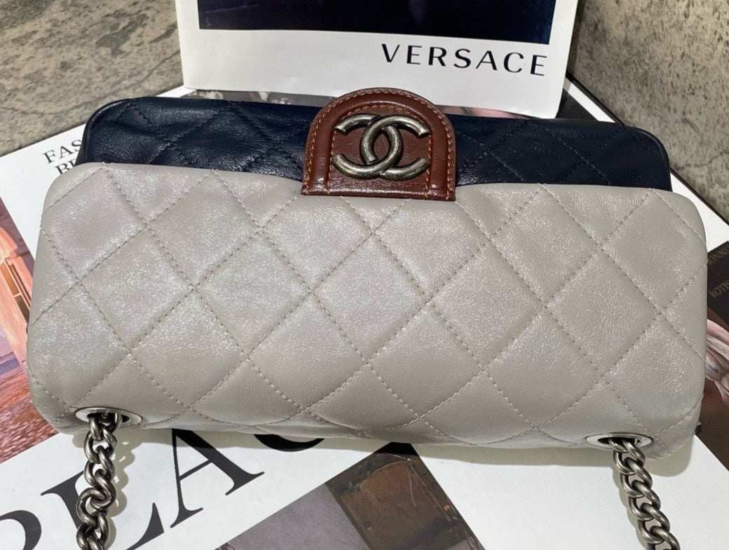 Chanel Classic Flap MM Chain Shoulder Bag Gray Silver Women Diamond Designer
