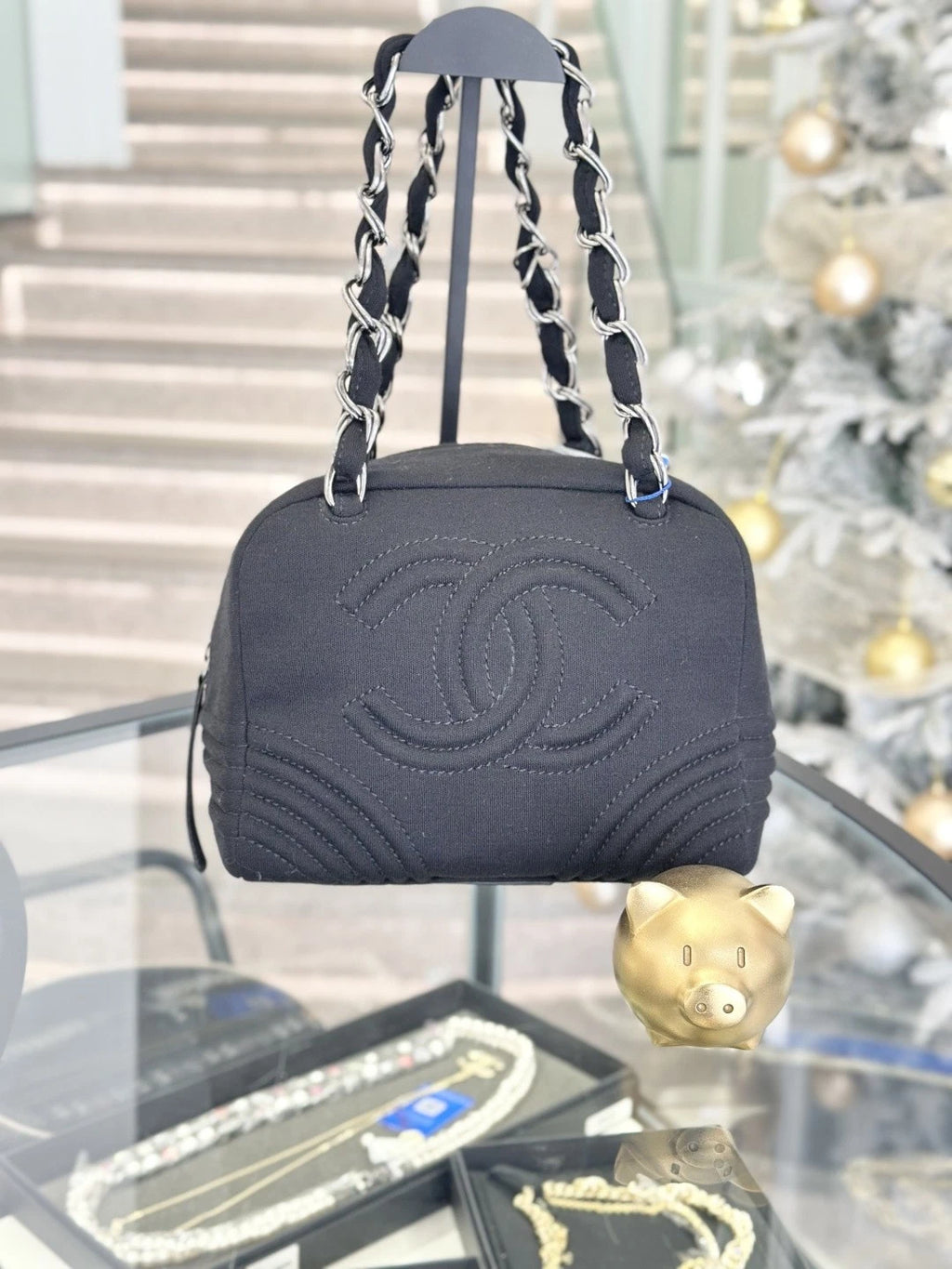Chanel CC Logo Chain Top Handle Shoulder Bag Black Silver Women Classic S
