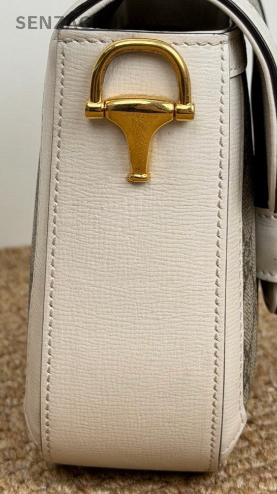 Gucci Monogram PM Saddle Shoulder Bag White Gold Women Classic 2 Straps
