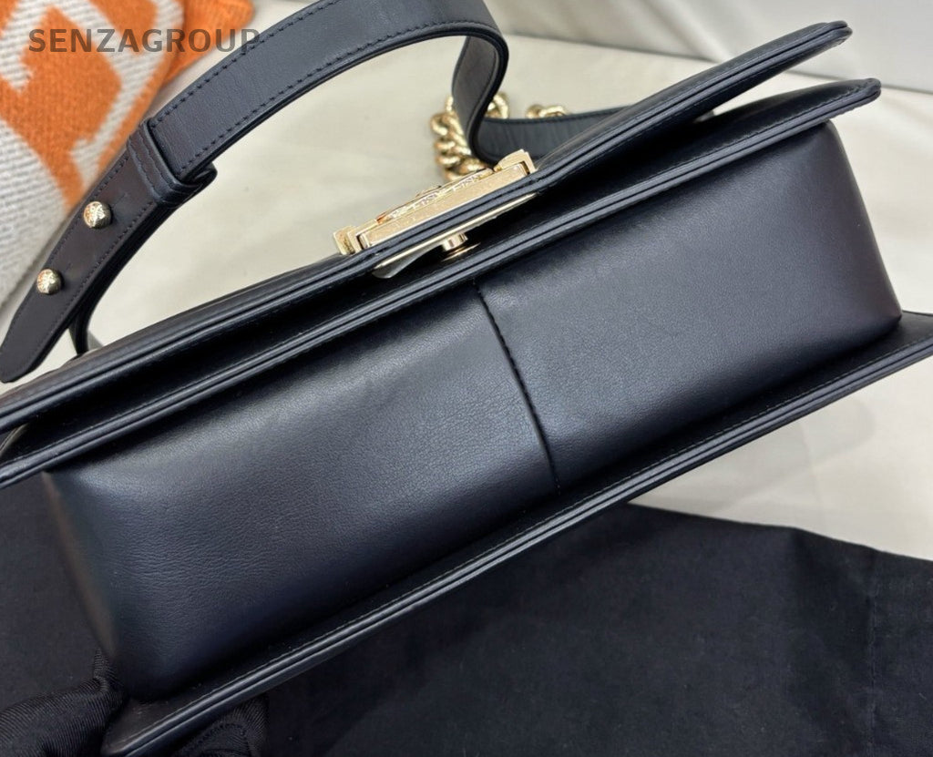 Chanel Leboy MM Calfskin Chain Shoulder Bag Black Gold Women Designer