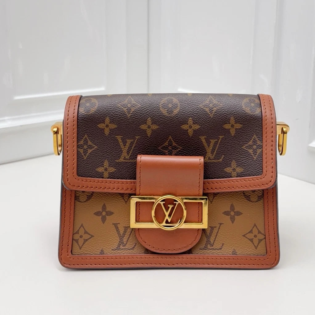 Louis Vuitton Dauphine PM Shoulder Bag Crossbody Brown Gold Excellent