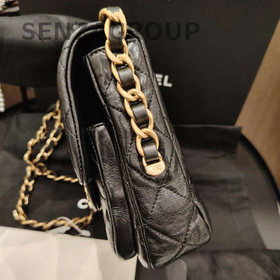 Chanel Black Gold Lambskin Messenger Chain Crossbody Bag Classic Women