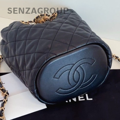Chanel Diamond Chain Bucket Shoulder Bag Crossbody Black Gold Women Classic