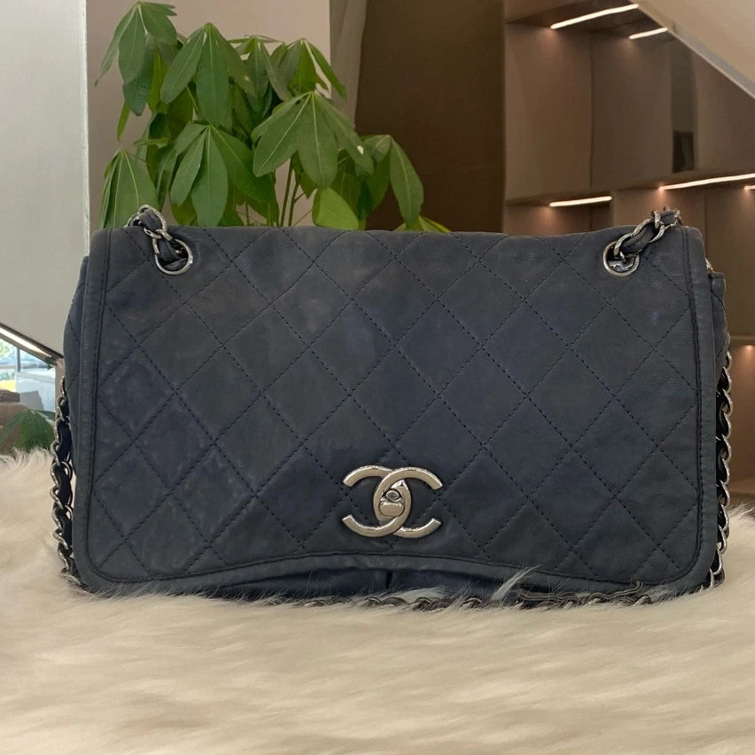 Chanel Quilted Chain Shoulder Bag Blue Silver Classic Women's