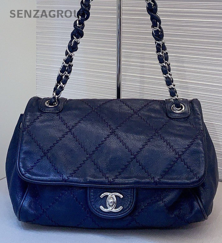 Chanel Classic Flap Calfskin Chain Shoulder Bag Blue Silver Used Women
