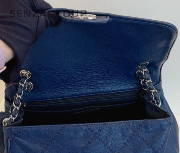 Chanel Classic Flap Chain Calfskin Shoulder Bag Blue Silver Diamond Women