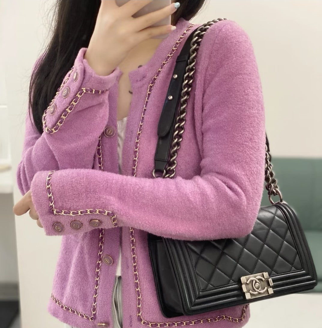 Chanel Leboy MM Chain Calfskin Black Silver Shoulder Bag Crossbody Women Classic