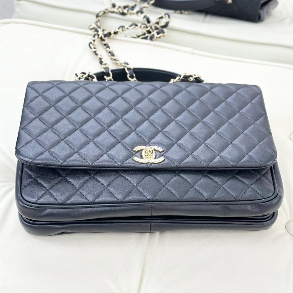 Chanel Lambskin GM Chain Shoulder Bag Top Handle Bag Black Gold Women Diamond S