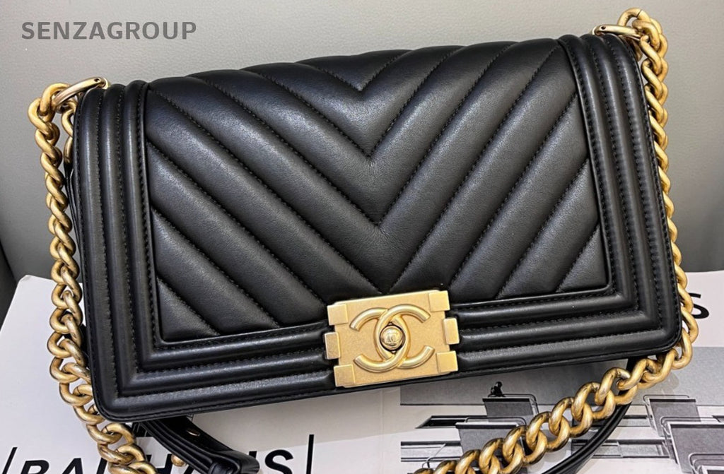 Chanel Leboy MM Calfskin Chain Shoulder Bag Crossbody Gold Black Women Classic
