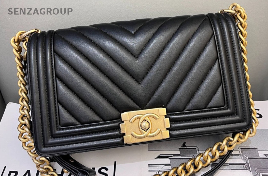 Chanel Leboy MM Calfskin Chain Shoulder Bag Crossbody Gold Black Women Classic