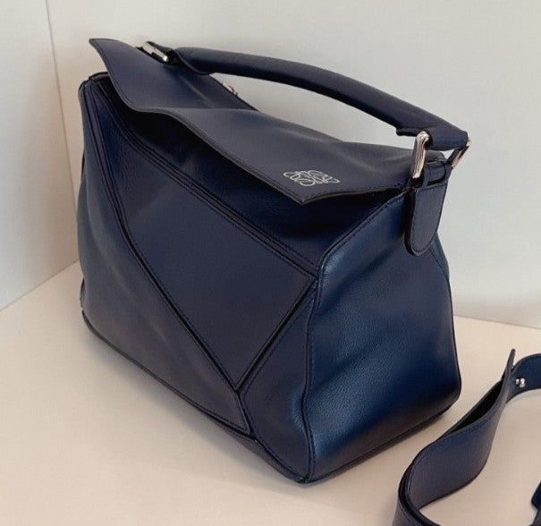 Loewe Puzzle MM Top Handle Shoulder Bag Crossbody Blue Silver Used Women Classic