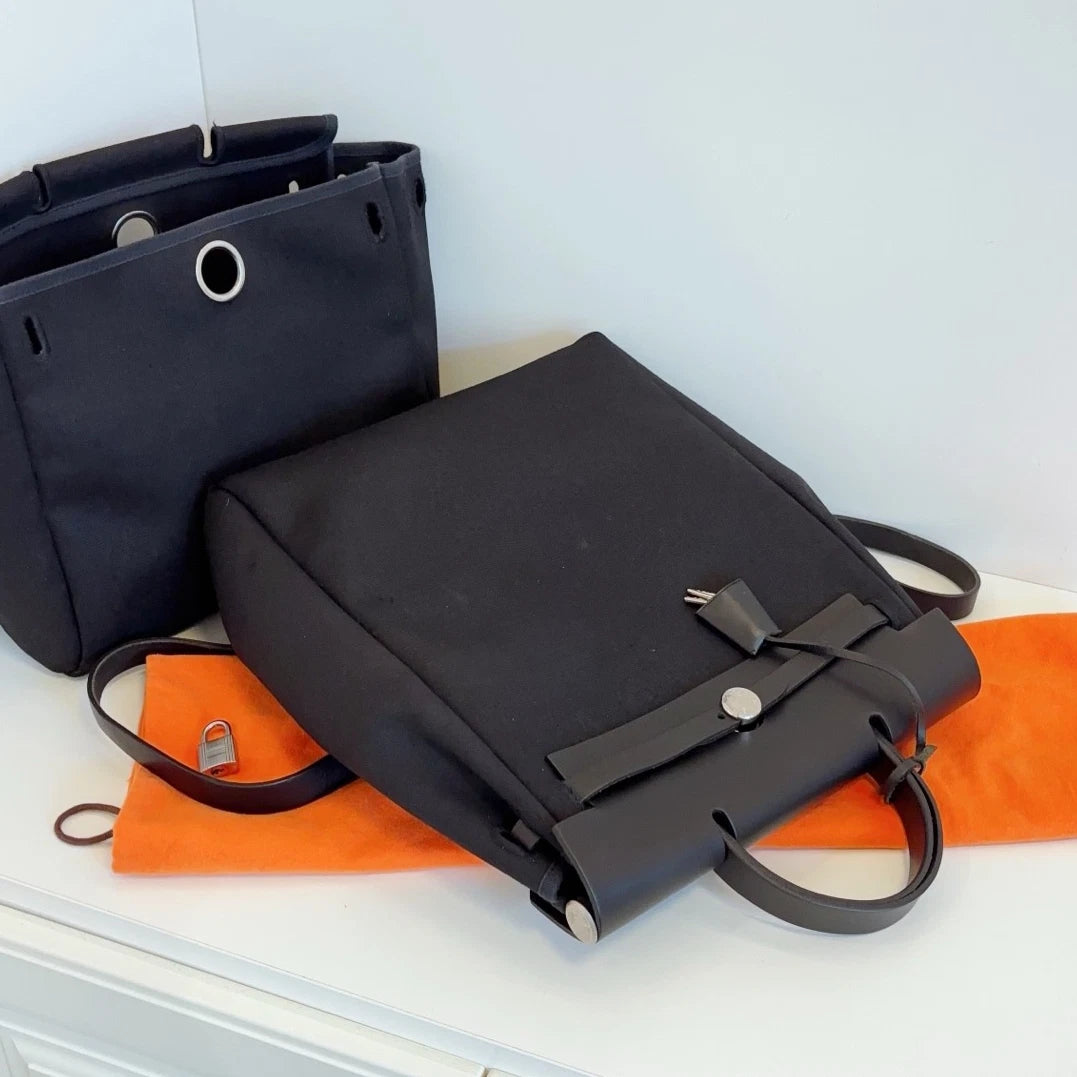 Hermes Herbag So Black Canvas Backpack Black Silver Unisex Adults Classic