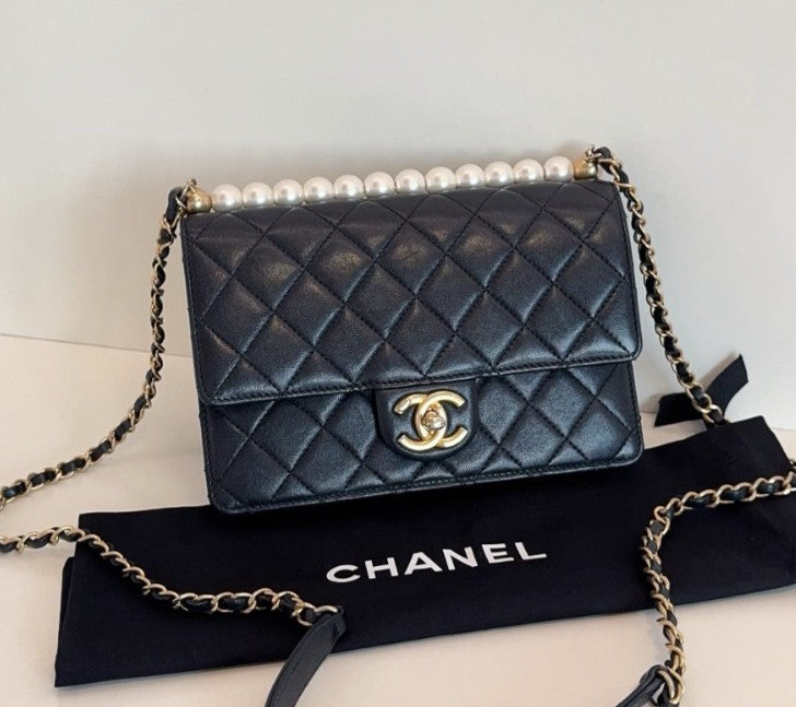Chanel Classic Flap Pearl Chain Shoulder Bag Crossbody Black Gold Women Fashion