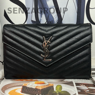 YSL Saint Laurent Classic Chain Envelope Leather Wallet Bag Black Silver