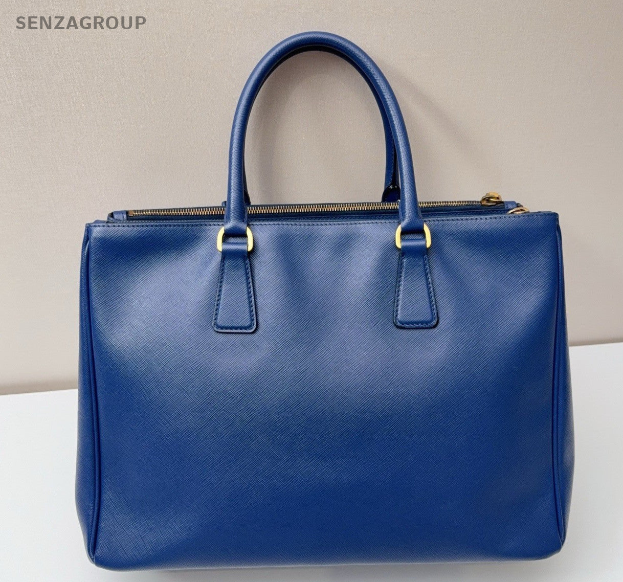 PRADA Saffiano Top Handle Blue Gold Handbag Women Classic